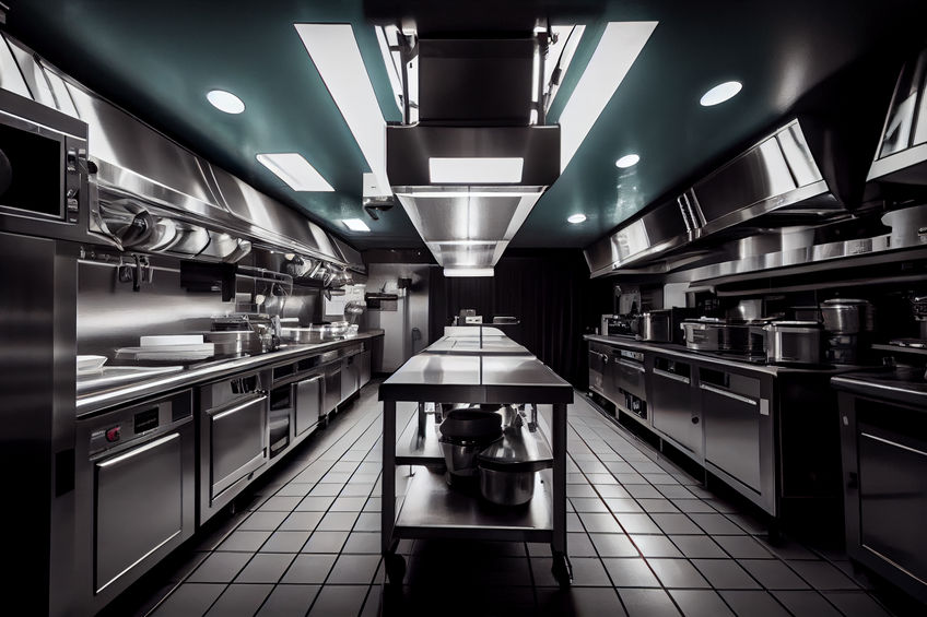Commercial kitchen with stainless steel appliances, central island, overhead lights, tiled floor, and neatly arranged cookware.